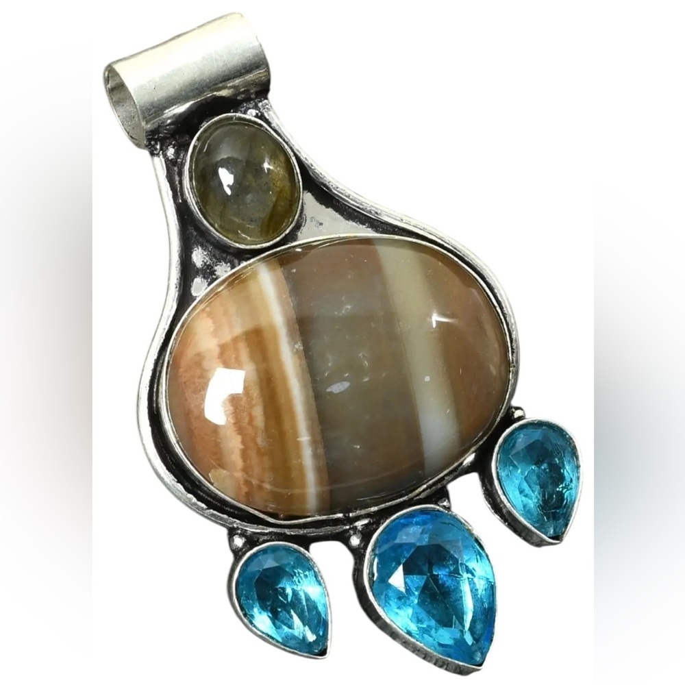 Statement Artisan Jewelry Picture Jasper Blue Crystal Handcrafted Pendant 2.2"